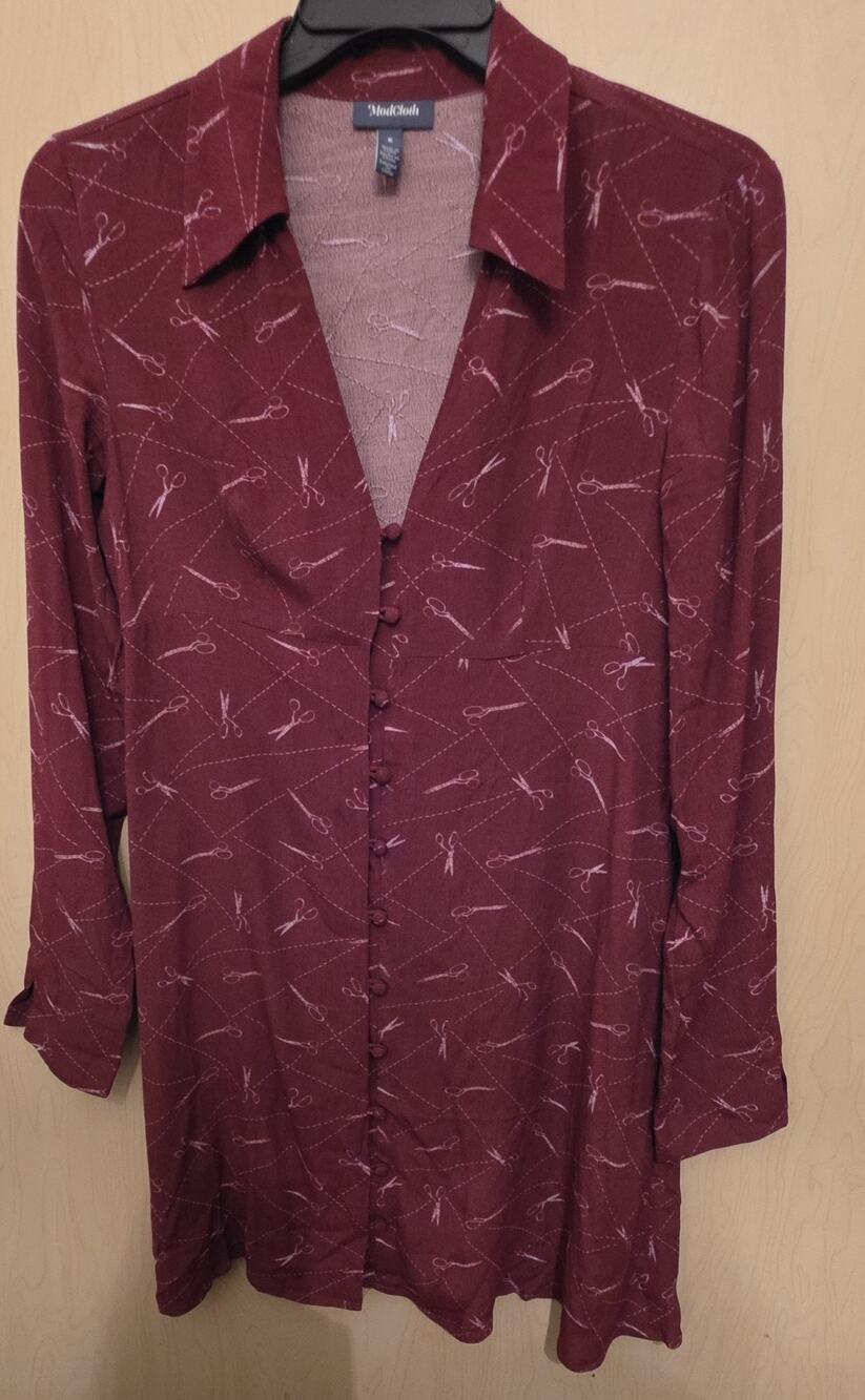 Modcloth A Cut Above Average Shirt Dress Size 6 Burgundy Scissors Hair Stylist